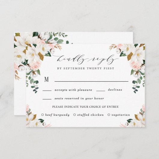 Schwarze Mahlzeiten Auswahl Gold und White Magnoli RSVP Karte (Vorne/Hinten)