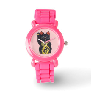 Schwarze Maneki Neko Katzen-Armbanduhr Armbanduhr