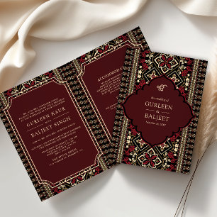 Schwarze marine-rote Ikat All-in-One Sikh-Hochzeit Einladung