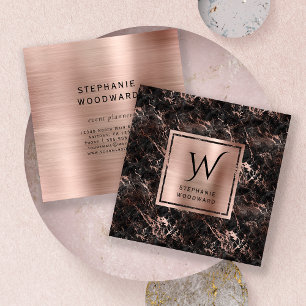 Schwarze Marmor-Roségold-Bürstfolie-Monogramm Quadratische Visitenkarte