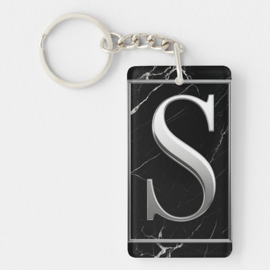 ⚜️ Schwarze Marmor Silber S Monogramm Rahmen 🔑 Schlüsselanhänger (Vorderseite)
