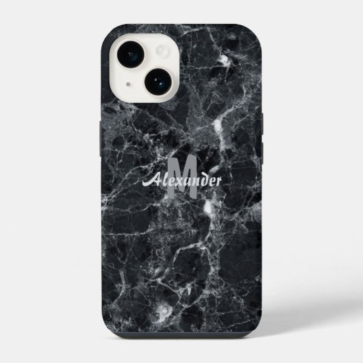 Schwarze Marmortextur Monogramm Name iPhone Hülle (Rückseite)