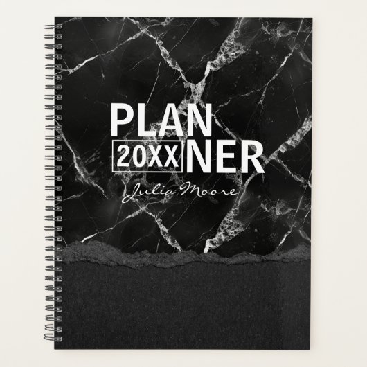 Schwarze Marmortextur Personalisiert Planer (Vorderseite)