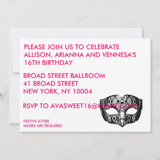 SCHWARZE MASKEN-PARTY EINLADUNG (Vorderseite)