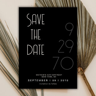 Schwarze matte einfache minimale Geburtstags-Save- Save The Date