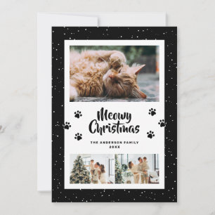 Schwarze Meowy-Weihnachtskarte mit 3 Fotos, Schnee Feiertagskarte