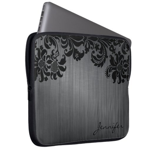 Schwarze Metallbürste aus Aluminium und Damasken a Laptopschutzhülle (Vorne Rechts)