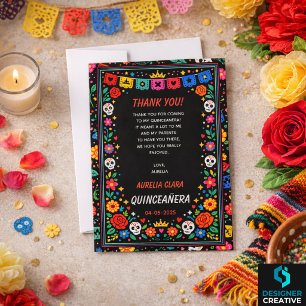 Schwarze mexikanische Fiesta-Blumen-Gold-Tiara Qui Dankeskarte