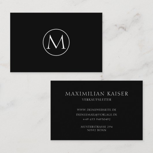 Schwarze Minimal Monogramm Visitenkarte (Vorne/Hinten)