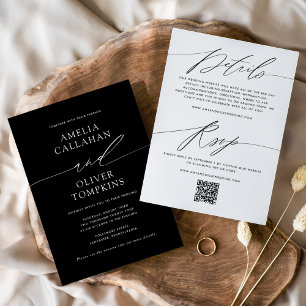 Schwarze Minimalistische Doppelseitige Hochzeit Einladung