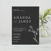 Schwarze Minimalistische Elegante Blumenhochzeit Einladung (Stehend Vorderseite)