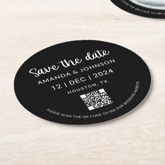 Schwarze Minimalistische Hochzeit Speichern Sie de Runder Pappuntersetzer (Angewinkelt)