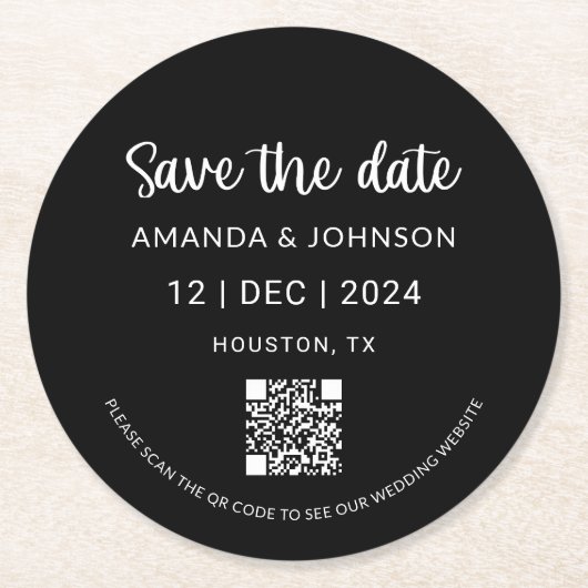 Schwarze Minimalistische Hochzeit Speichern Sie de Runder Pappuntersetzer (Vorderseite)