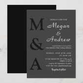 Schwarze minimalistische Hochzeitseinladung mit Mo (Vorne/Hinten)