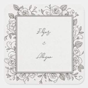 Schwarze Minimalistische Rosenrahmen-Hochzeit Quadratischer Aufkleber