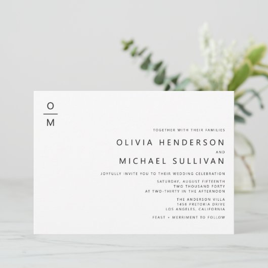 Schwarze Minimalistische Typografie Monogram Weddi Einladung (Stehend Vorderseite)