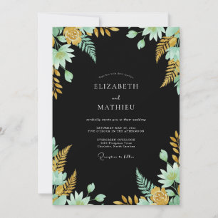 Schwarze mintgrüne vergoldete botanische Hochzeit Einladung