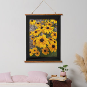 Schwarze Mit Augen Susan-Blume an der schwarzen Gr Wandteppich Mit Holzrahmen