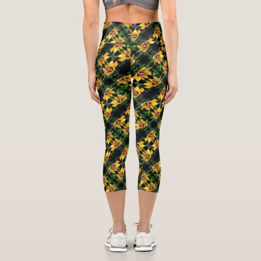 Schwarze Mit Augen Susan-Blume Entfaltungsmuster Capri Leggings (Rückseite)