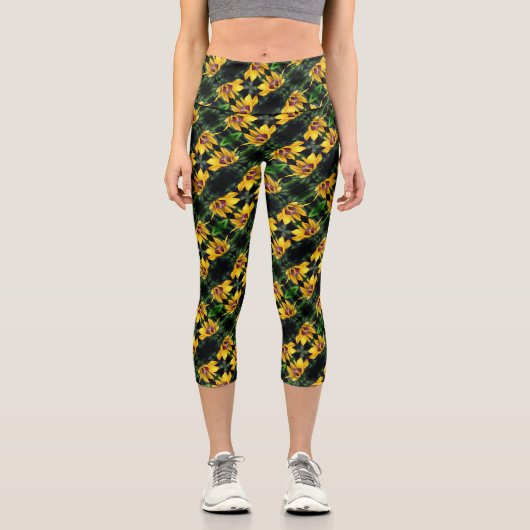 Schwarze Mit Augen Susan-Blume Entfaltungsmuster Capri Leggings (Vorderseite)