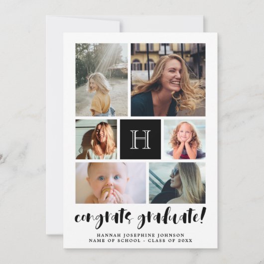 Schwarze Mit Monogramm Fotocollage Glückwunsch Gra Ankündigung (Vorderseite)