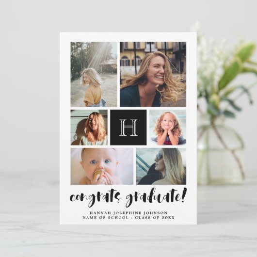 Schwarze Mit Monogramm Fotocollage Glückwunsch Gra Ankündigung (Stehend Vorderseite)