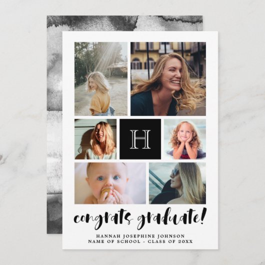 Schwarze Mit Monogramm Fotocollage Glückwunsch Gra Ankündigung (Vorne/Hinten)