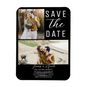 Schwarze Moderne 2 Fotos Save-the-Date Hochzeit Magnet