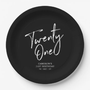Schwarze moderne Chic-Schrift zum 21. Geburtstag Pappteller