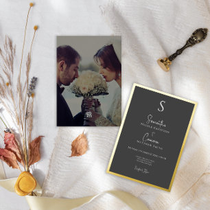 Schwarze moderne elegante minimale Foto-Hochzeit Folieneinladung