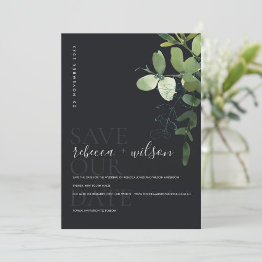 SCHWARZE MODERNE GRÜNE EUCALYPTUS FOLIAGE WATERCOL SAVE THE DATE (Stehend Vorderseite)