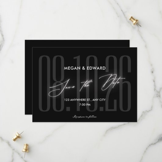 Schwarze moderne Hochzeit Save The Date (Vorderseite/Rückseite Beispiel)