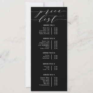 Schwarze moderne Kalligrafie-Salon-Preisliste 4x9, Einladung