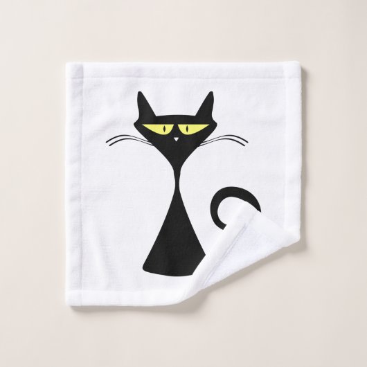 Schwarze, moderne Katze mit gelben Augen Badhandtuch Set (Waschlappen)