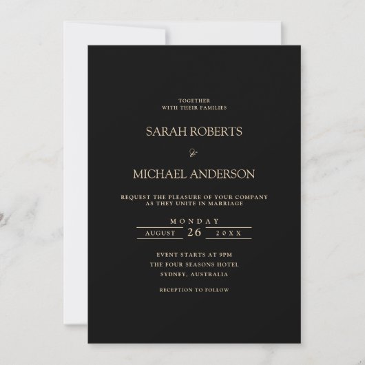 Schwarze Moderne Minimal einfache Gold Script Hoch Einladung (Vorderseite)