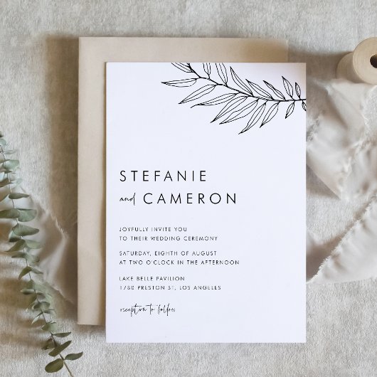 Schwarze moderne Minimalistische Foliage Hochzeit Einladung