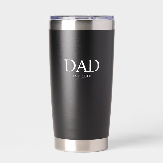 Schwarze moderne Typografie Dad gegründet Thermobecher (Vorderseite)