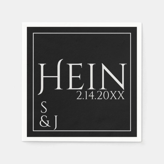 Schwarze Monogramm-Anfangsdatum Hochzeit Serviette (Vorderseite)