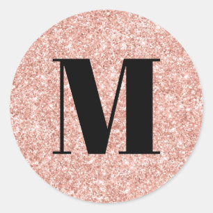 Schwarze Monogramm auf Imitate Rose Gold Glitzer Runder Aufkleber