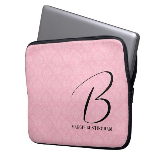Schwarze Monogramm auf rosa Damaske Laptopschutzhülle (Vorderseite Links)