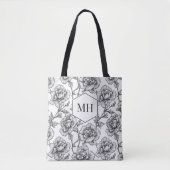 Schwarze Monogramm Floral Elegante Botanische Blum Tasche (Vorderseite)