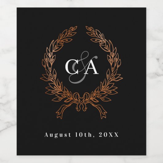 Schwarze Monogramm Initialen Kranz Rose Goldhochze Weinetikett (Einzelnes Label)