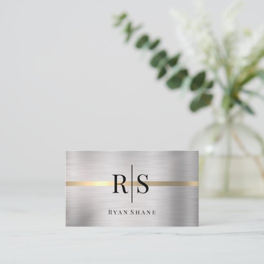 Schwarze Monogramm und Name, gebürstetes Silber un Visitenkarte (Stehend Vorderseite)