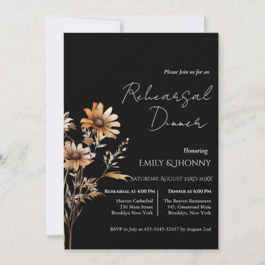 Schwarze Monogramm-Wildblume Probe Abendessen Einladung (Vorderseite)