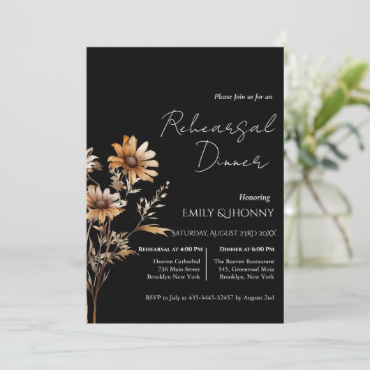 Schwarze Monogramm-Wildblume Probe Abendessen Einladung (Stehend Vorderseite)