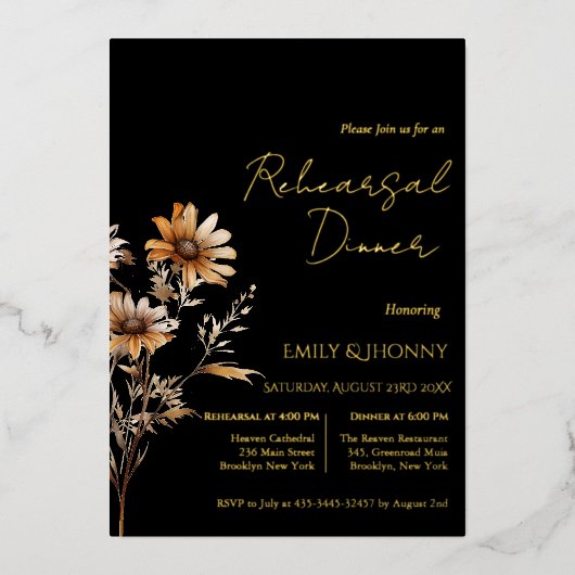 Schwarze Monogramm-Wildblume Probe Abendessen Folieneinladung (Vorderseite)