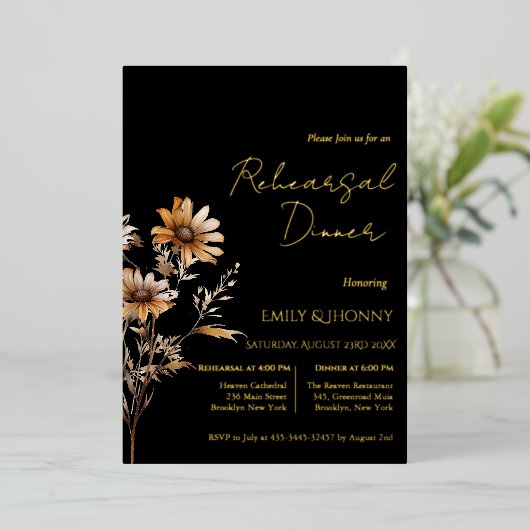 Schwarze Monogramm-Wildblume Probe Abendessen Folieneinladung (Stehend vorne)