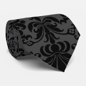 Schwarze Monotone Florale Damastmuster Krawatte (Gerollt)