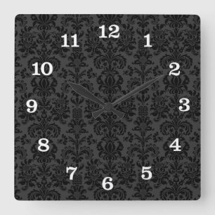 Schwarze Monotone Vintage Florale Damastmuster Quadratische Wanduhr