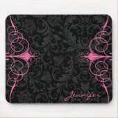 Schwarze Monotonen BlumenDamasken und rosa Rahmen Mousepad (Vorne)
